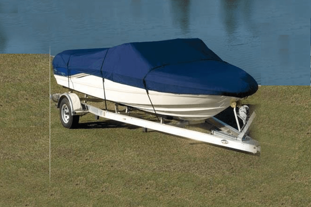 Fitted fabric boat cover on a boat trailer
